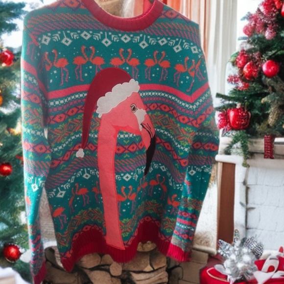 Blizzard Bay Other - Holiday Flamingo Crewneck Sweater - Teal and Red